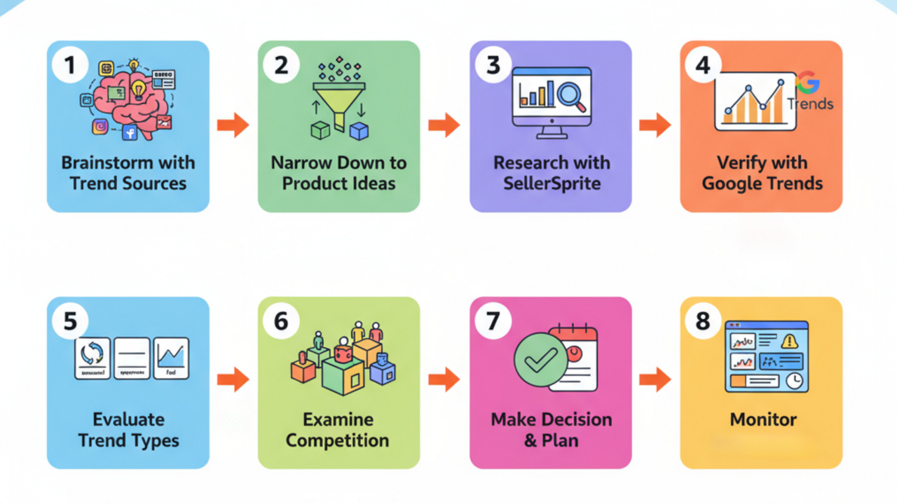 Visual shows how to use trends research for product ideas step by step.