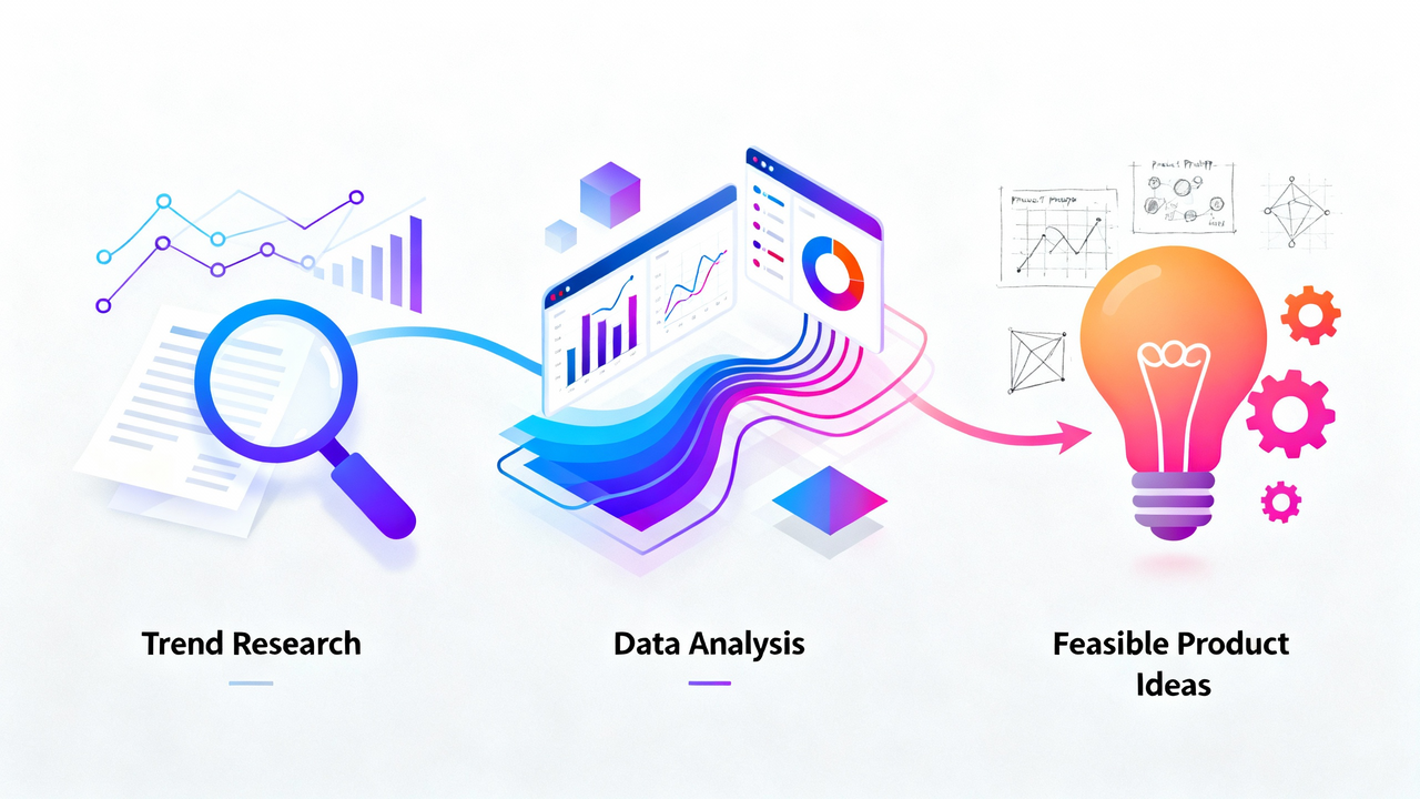An image shows the leveraging trend research by data analysis and turn them into feasible product ideas.