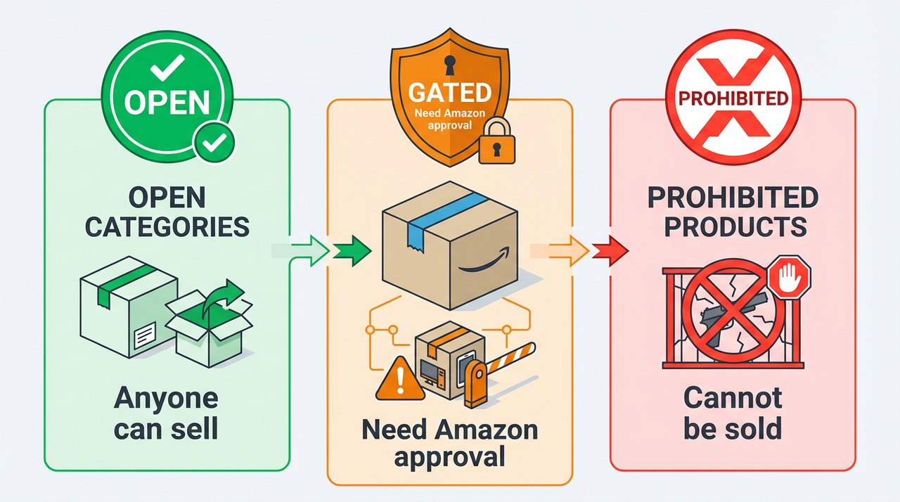 An image includes 3 types products classified according to Amazon's compliance policies.