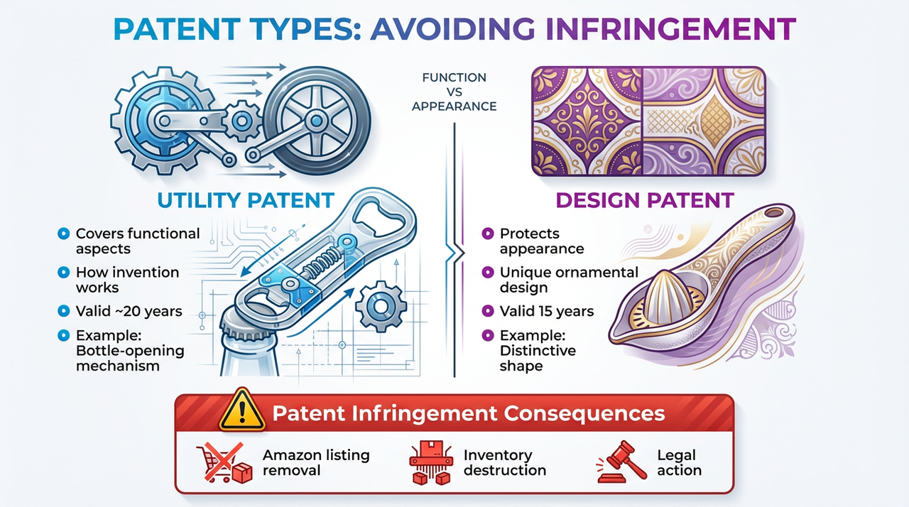 An image compares and shows the difference between 2 patent types, including utility patent and design patent.