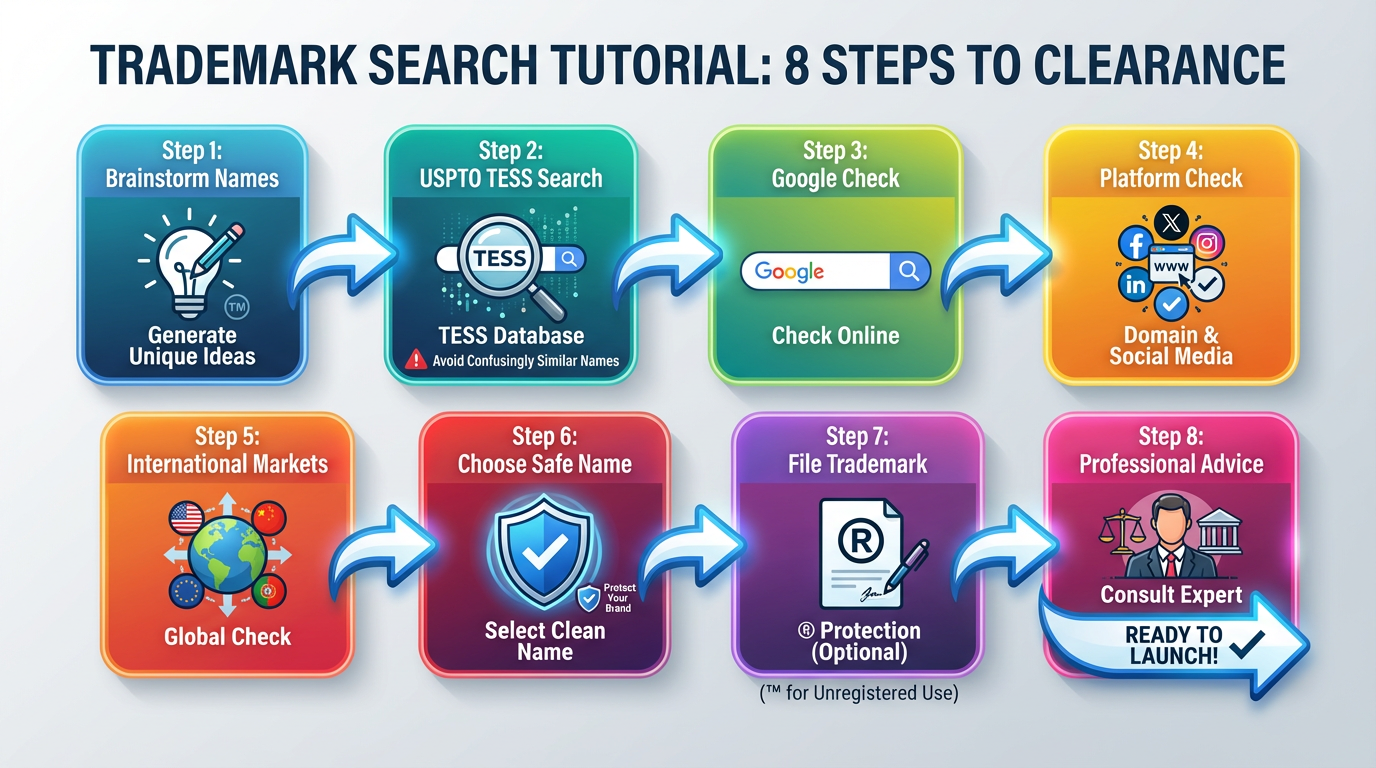 An image shows how to conduct a trademark clearance search.