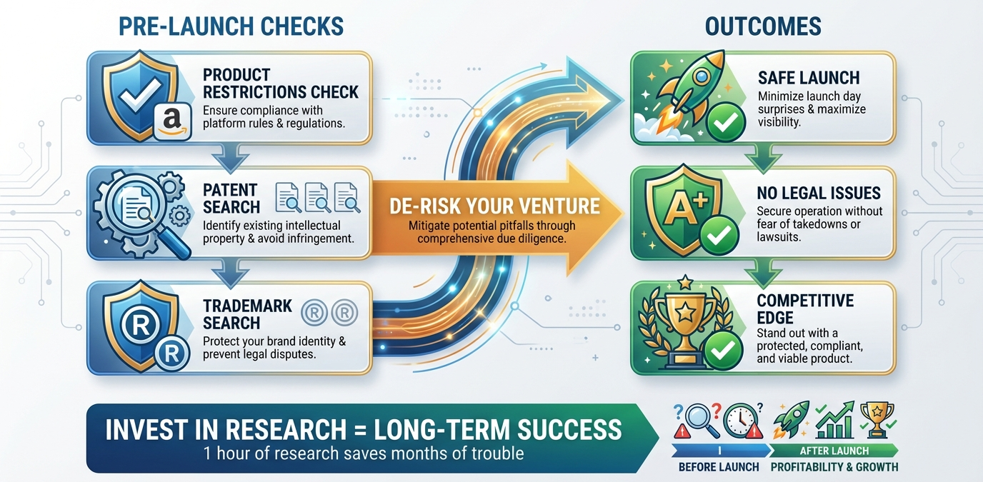 An image shows how to verify a product compliance before launching it on Amazon. 