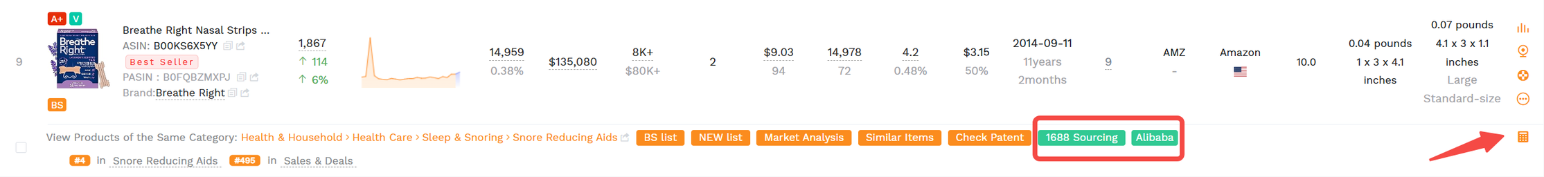 Product card with sourcing shortcuts and profitability calculator panel.