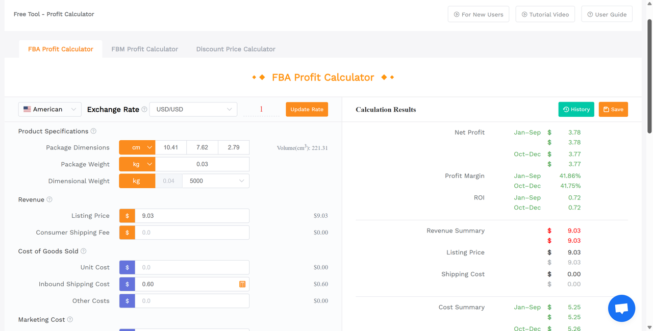 Profitability calculator showing fees, shipping, and net margin outputs.