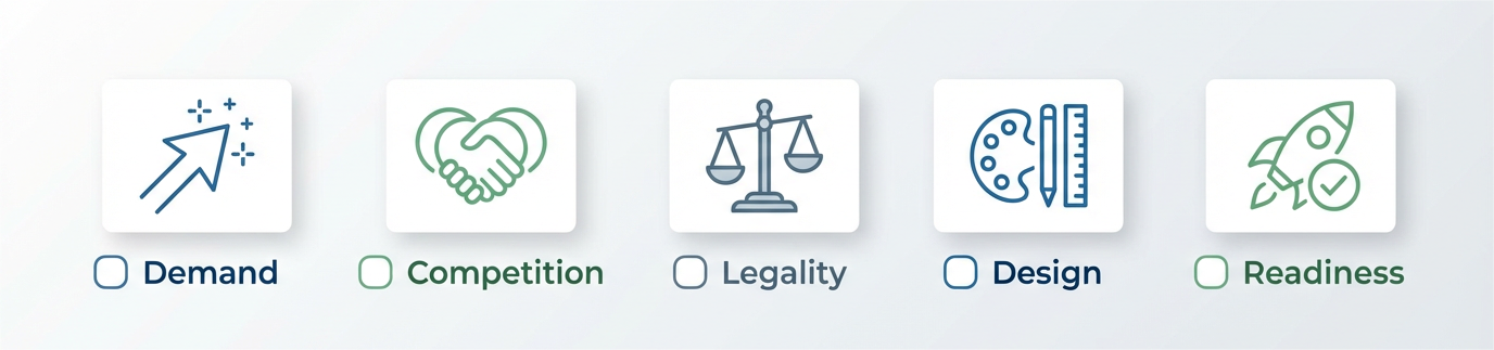 Clean checklist graphic with icons for demand competition legality design and operational readiness.