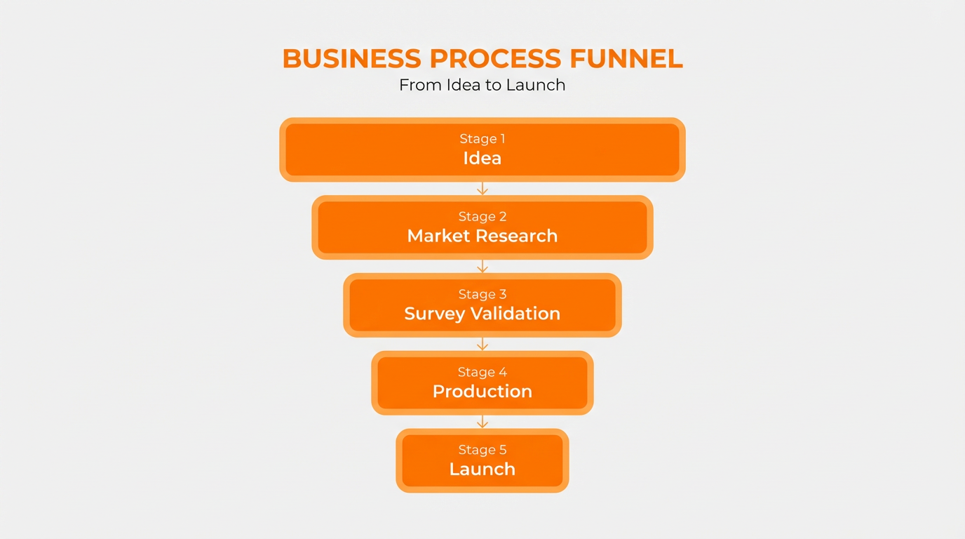 Funnel diagram from idea through market research and survey validation to production and Amazon launch in a flat modern style.