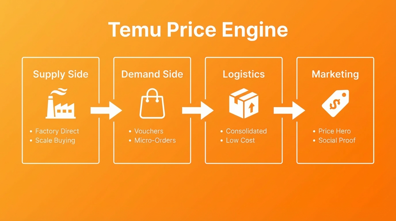 Temu Price Engine diagram showing four stages—Supply Side, Demand Side, Logistics and Marketing—in its low-price business model.