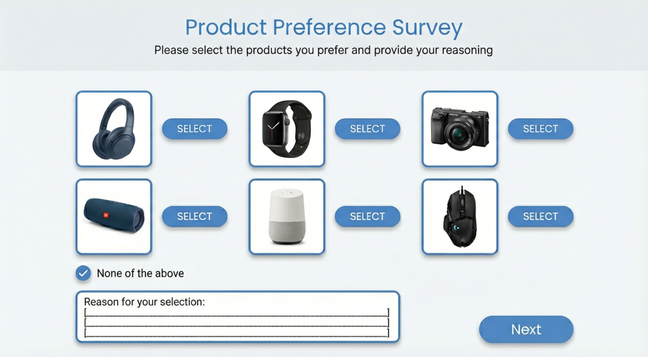 Survey mockup showing multiple product images, a none of the above option, and a short answer reasoning field.