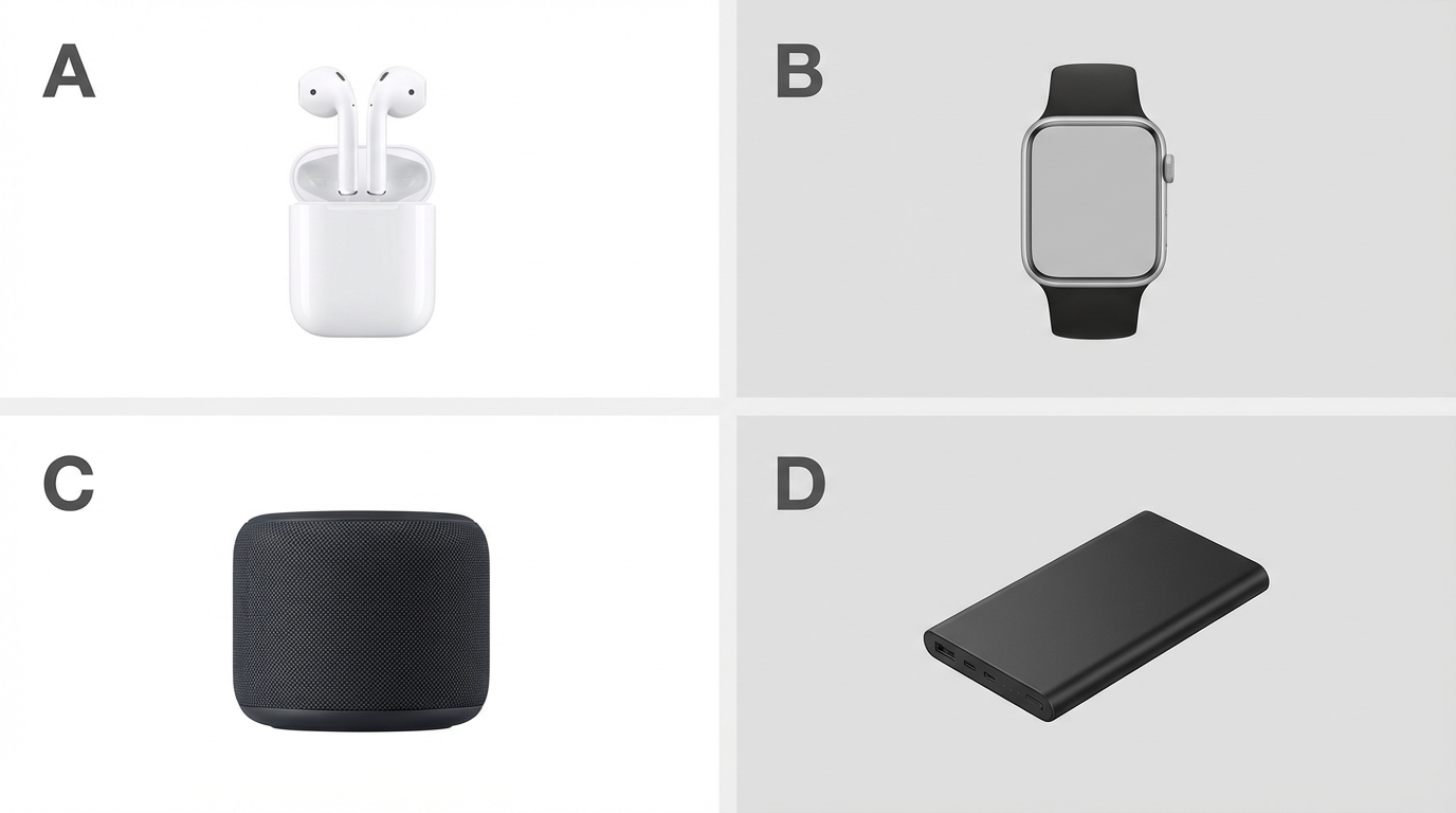 Grid of four or five product mockups labeled A B C D for visual comparison in a validation survey.