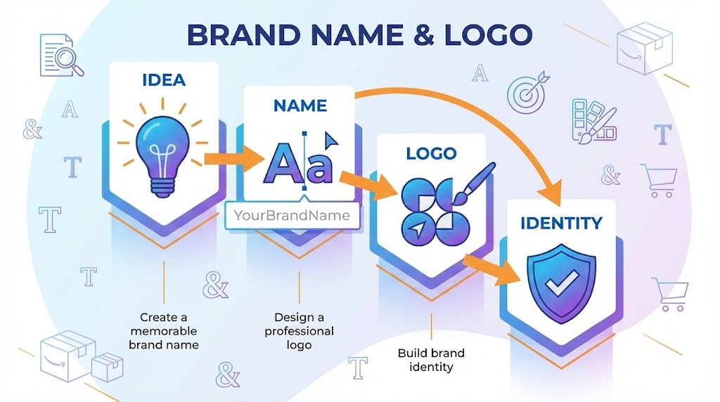 Brand Name & Logo - Idea, Name (YourBrandName), Logo, Identity infographic on a blue gradient background, with a lightbulb, text editor, paintbrush, and shield.