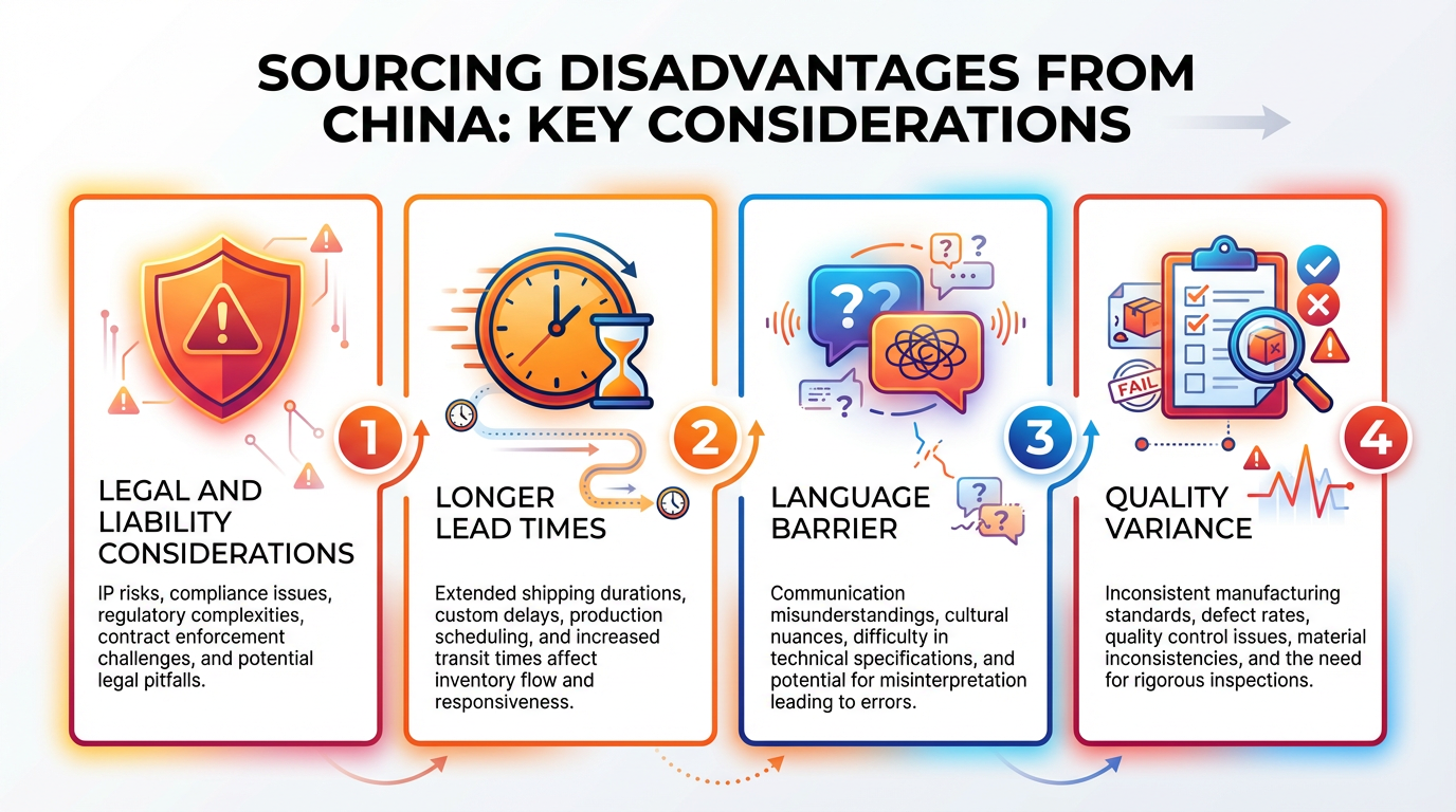 An image including 4 disadvantages of sourcing products from China for Amazon sellers