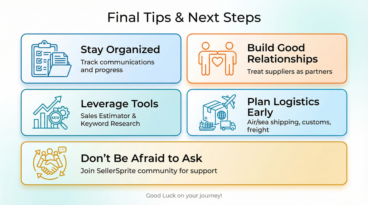 Amazon FBA sourcing tips: stay organized, build supplier relationships, plan logistics.