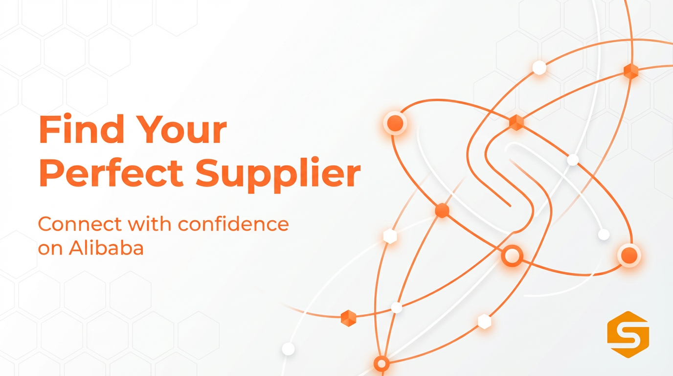 Orange promotional banner reading ‘Find Your Perfect Supplier – Connect with confidence on Alibaba’ with abstract connection lines and the SellerSprite S logo in the corner.