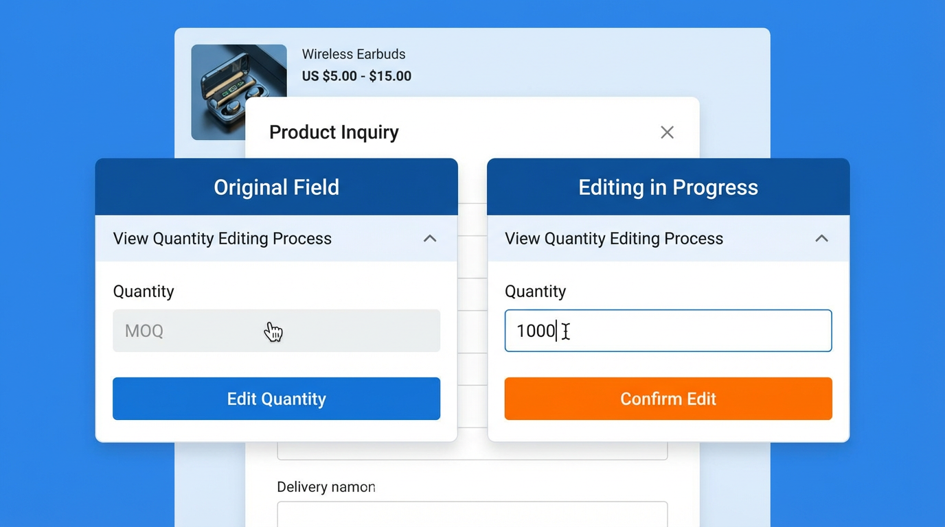 alibaba inquiry form showing the quantity field edited from MOQ to 1000 units