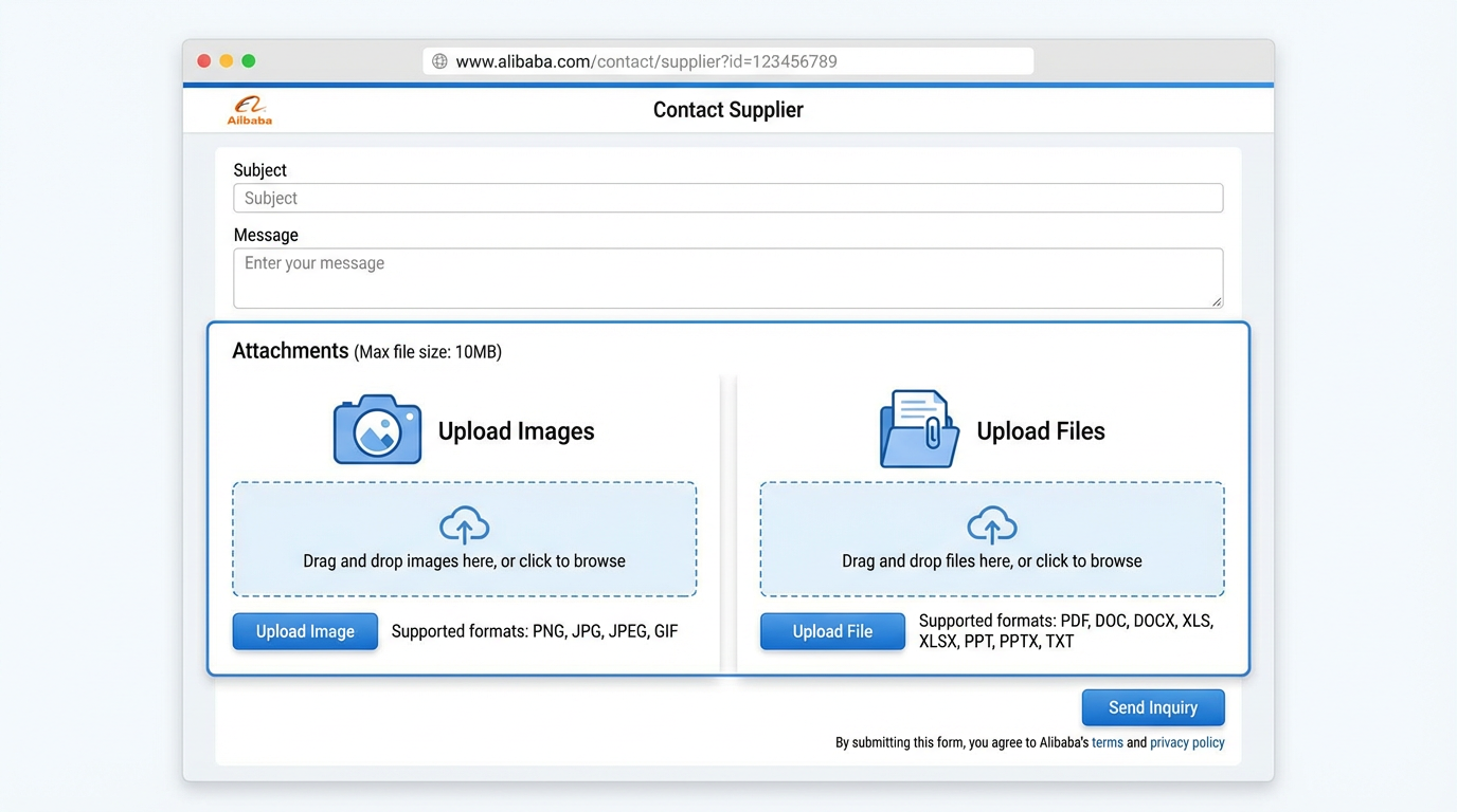 Alibaba contact supplier form showing attachment area for images and files
