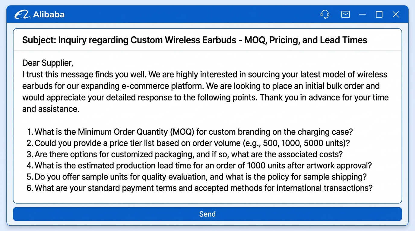 Alibaba message example showing a short intro and numbered questions