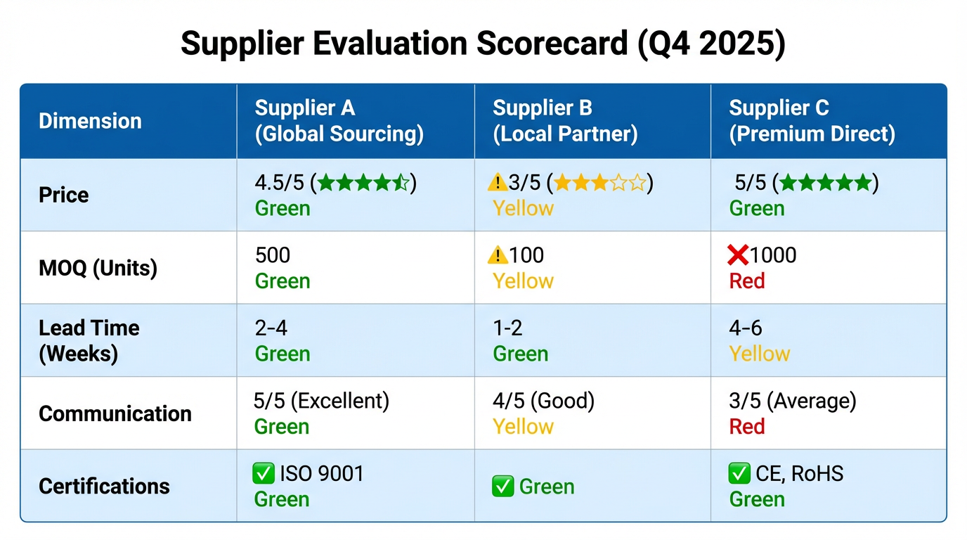 Supplier comparison sheet showing scored dimensions like price, MOQ, lead time, communication, and certifications