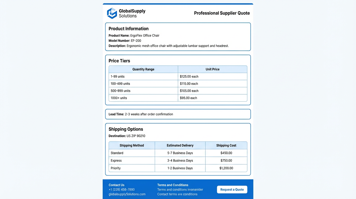 Supplier quote example showing product price tiers, lead time, and shipping options to a US ZIP code