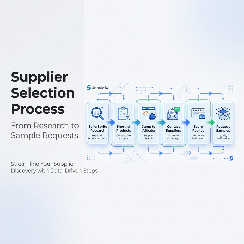 Simple flow diagram: SellerSprite research, shortlist products, jump to Alibaba, contact suppliers, score replies, request samples