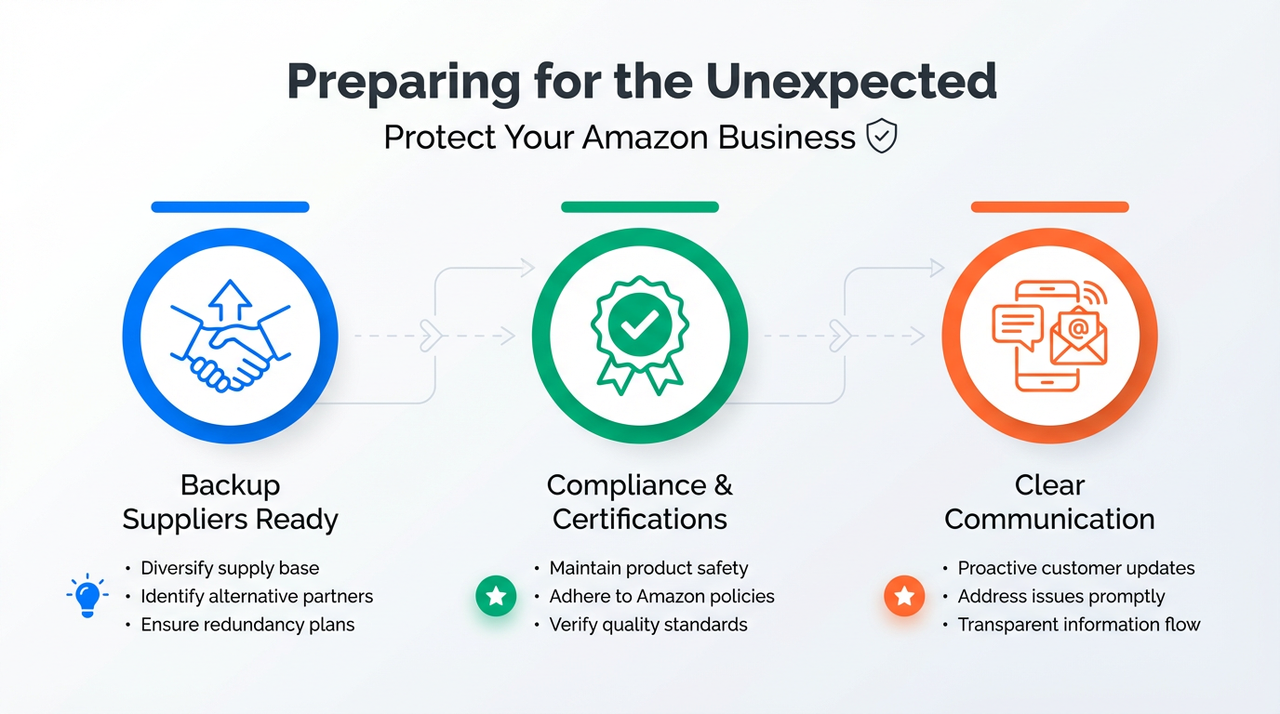 Infographic titled “Preparing for the Unexpected – Protect Your Amazon Business” showing three pillars: Backup Suppliers Ready, Compliance and Certifications, and Clear Communication with brief bullet tips under each.