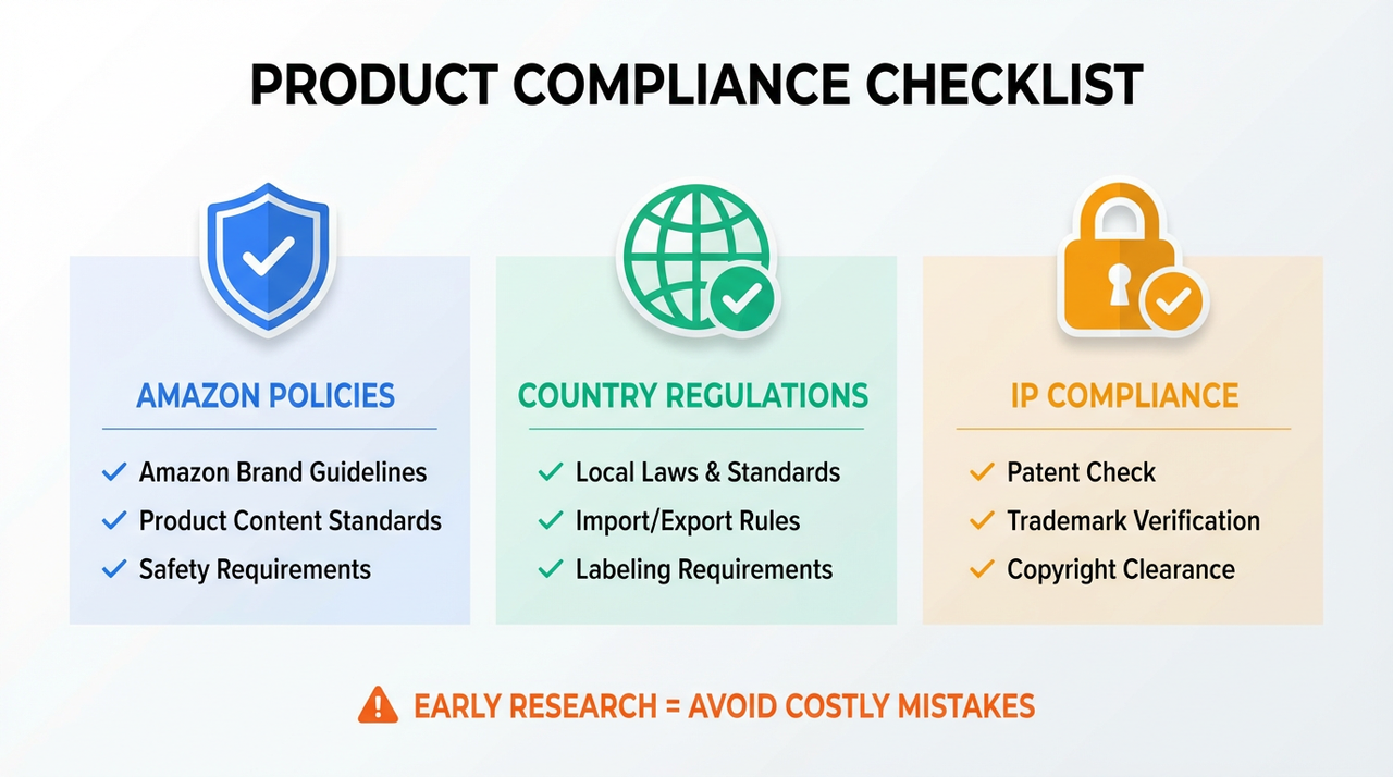 Infographic titled “Product Compliance Checklist” showing three columns: Amazon policies (brand guidelines, content standards, safety requirements), country regulations (local laws, import/export rules, labeling), and IP compliance (patent check, trademark verification, copyright clearance) with a note that early research helps avoid costly mistakes.