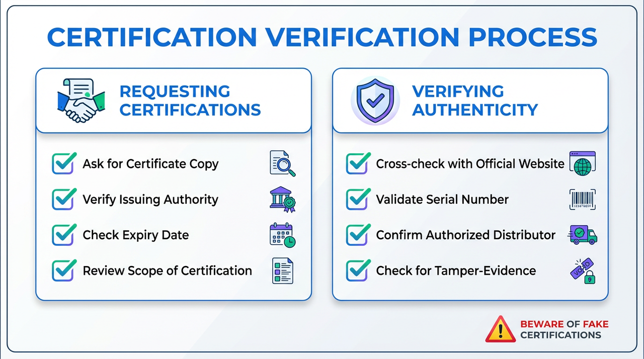 Infographic titled “Certification Verification Process” outlining steps for requesting certifications (ask for certificate copy, verify issuing authority, check expiry date, review scope) and verifying authenticity (cross check with official website, validate serial number, confirm authorized distributor, check for tamper evidence) with a warning label reading “Beware of fake certifications.”