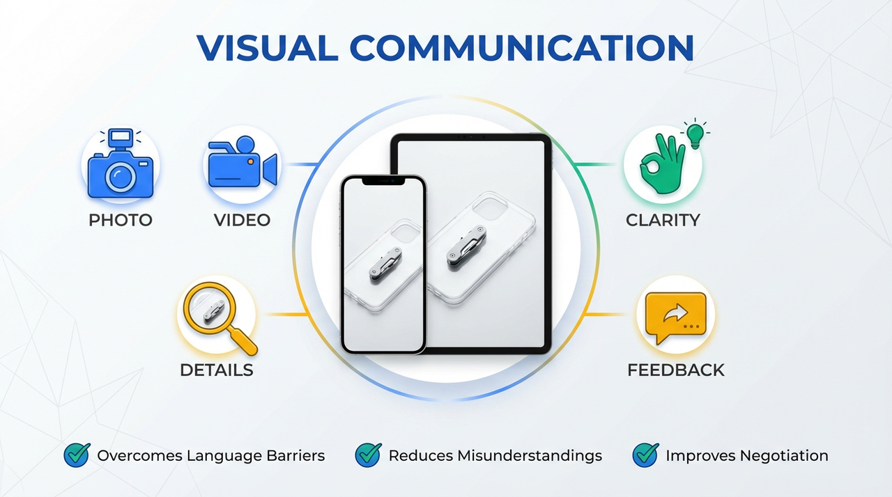 Infographic titled “Visual Communication” showing phone and tablet product photos surrounded by icons for photo, video, details, clarity, and feedback, with benefits listed at the bottom: overcomes language barriers, reduces misunderstandings, and improves negotiation.