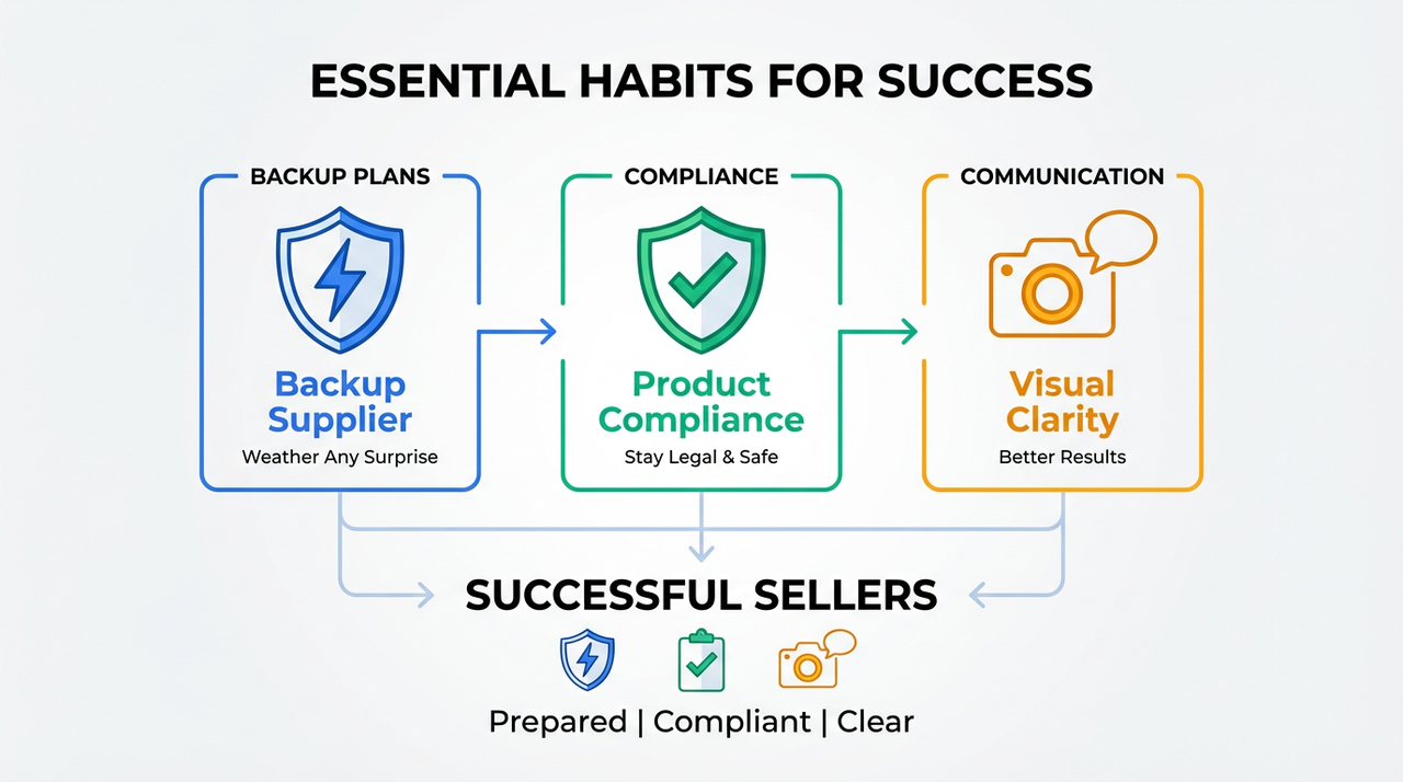 Infographic titled “Essential Habits for Success” showing three pillars for Amazon sellers: backup supplier under backup plans, product compliance under compliance, and visual clarity under communication, all feeding into “Successful Sellers Prepared, Compliant, and Clear.”