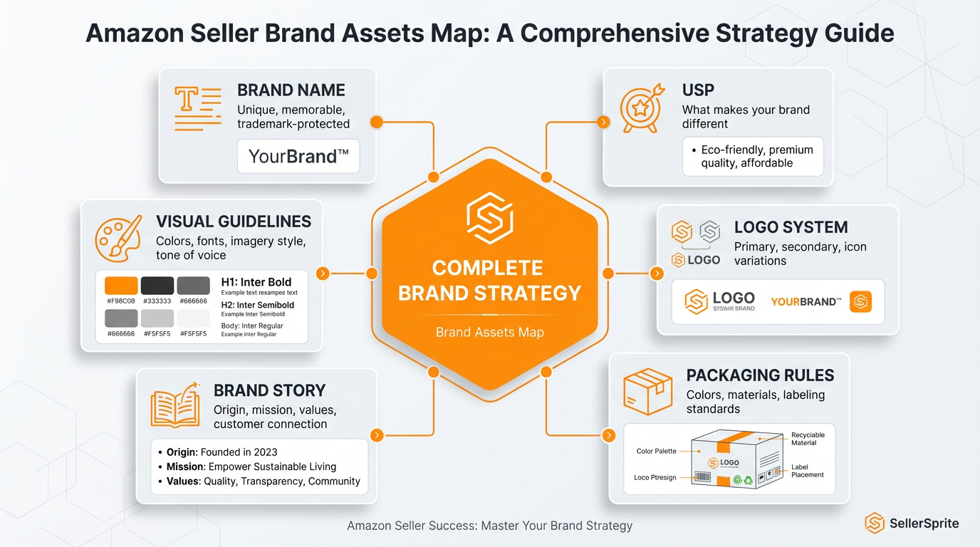 Brand assets map for Amazon sellers showing brand name, USP, logo system, packaging rules, brand story, and visual guidelines