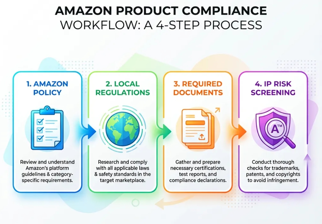 Infographic titled "Amazon Product Compliance Workflow: A 4 Step Process" showing four stages: 1 Amazon Policy, 2 Local Regulations, 3 Required Documents, and 4 IP Risk Screening, each with brief descriptions about understanding Amazon guidelines, complying with local laws, preparing certifications and reports, and checking trademarks, patents, and copyrights.