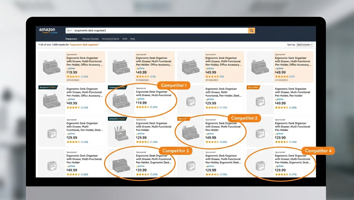 Amazon US search results for a niche keyword with Sponsored placements and direct competitors highlighted for manual page 1 competitor counting