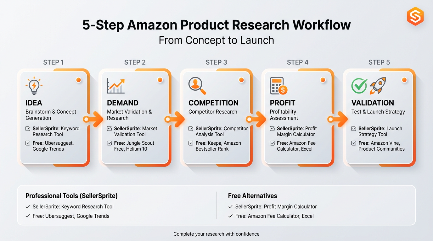 5-step Amazon product research workflow diagram: Idea, Demand, Competition, Profit, Validation, with tool checkpoints for SellerSprite and free alternatives