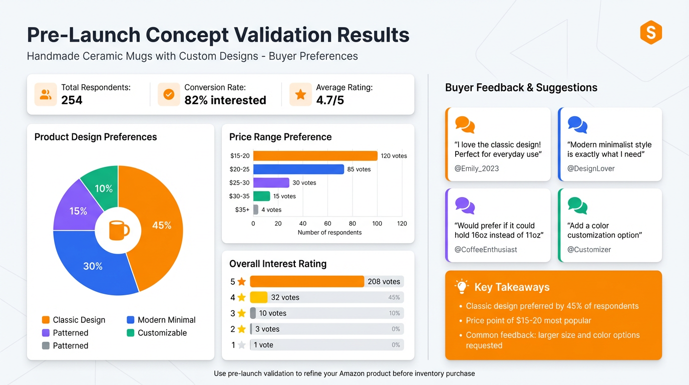 Pre-launch concept validation poll results showing buyer preference and qualitative feedback used to refine an Amazon product before inventory purchase