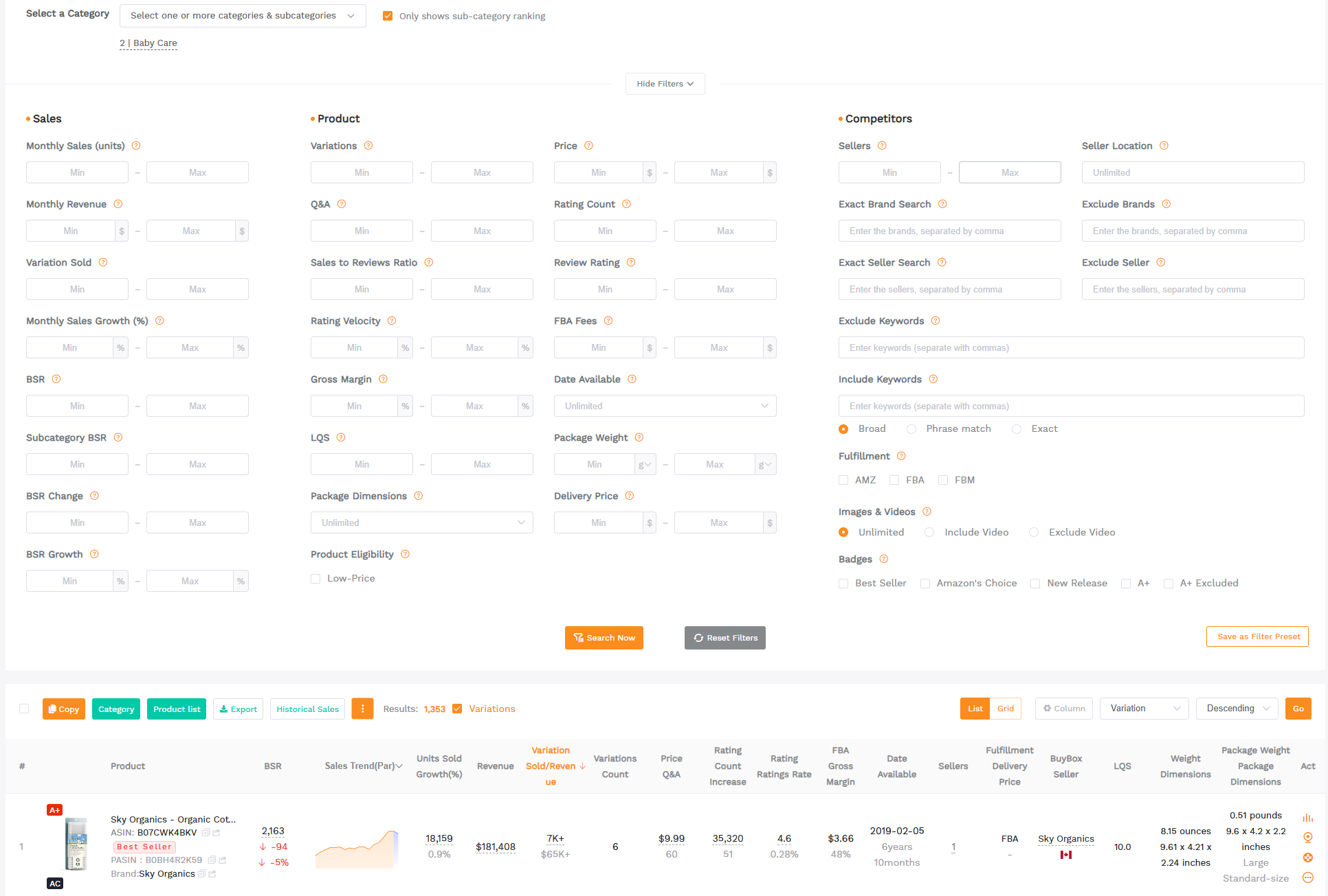 SellerSprite Product Research view showing a subcategory demand trend curve and filter panel for price, sales, and reviews