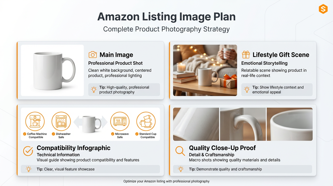 Amazon listing image plan showing main image, lifestyle gift scene, compatibility infographic, and quality close up proof