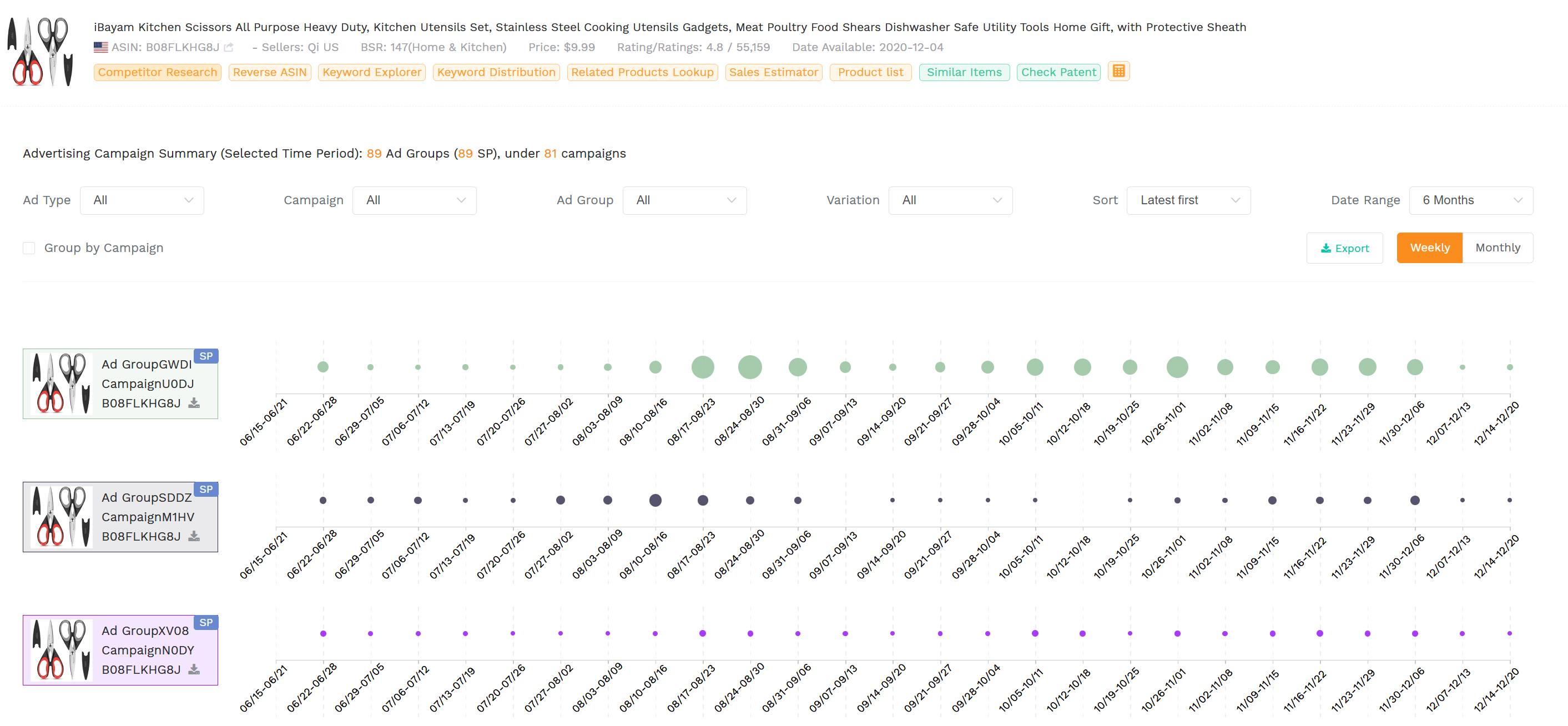SellerSprite Ads Insights dashboard showing competitor sponsored placements, keyword triggers, and ad position breakdown