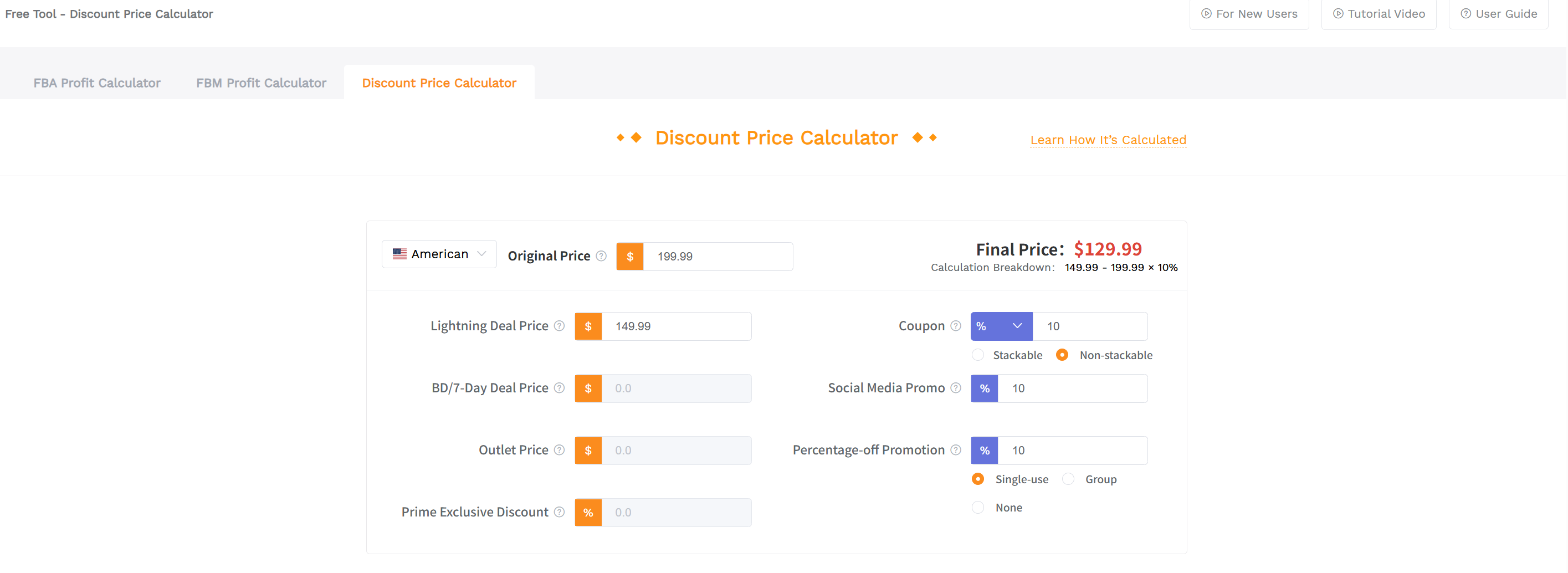 SellerSprite Discount Price Calculator showing break-even price and profit impact at different discount percentages