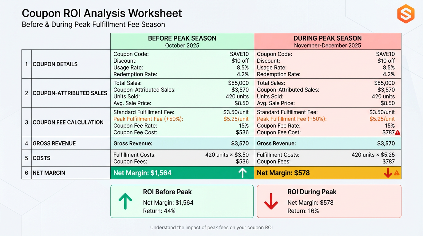 Example coupon ROI worksheet showing coupon-attributed sales, coupon fee calculation, and net margin before and during peak fulfillment fee season