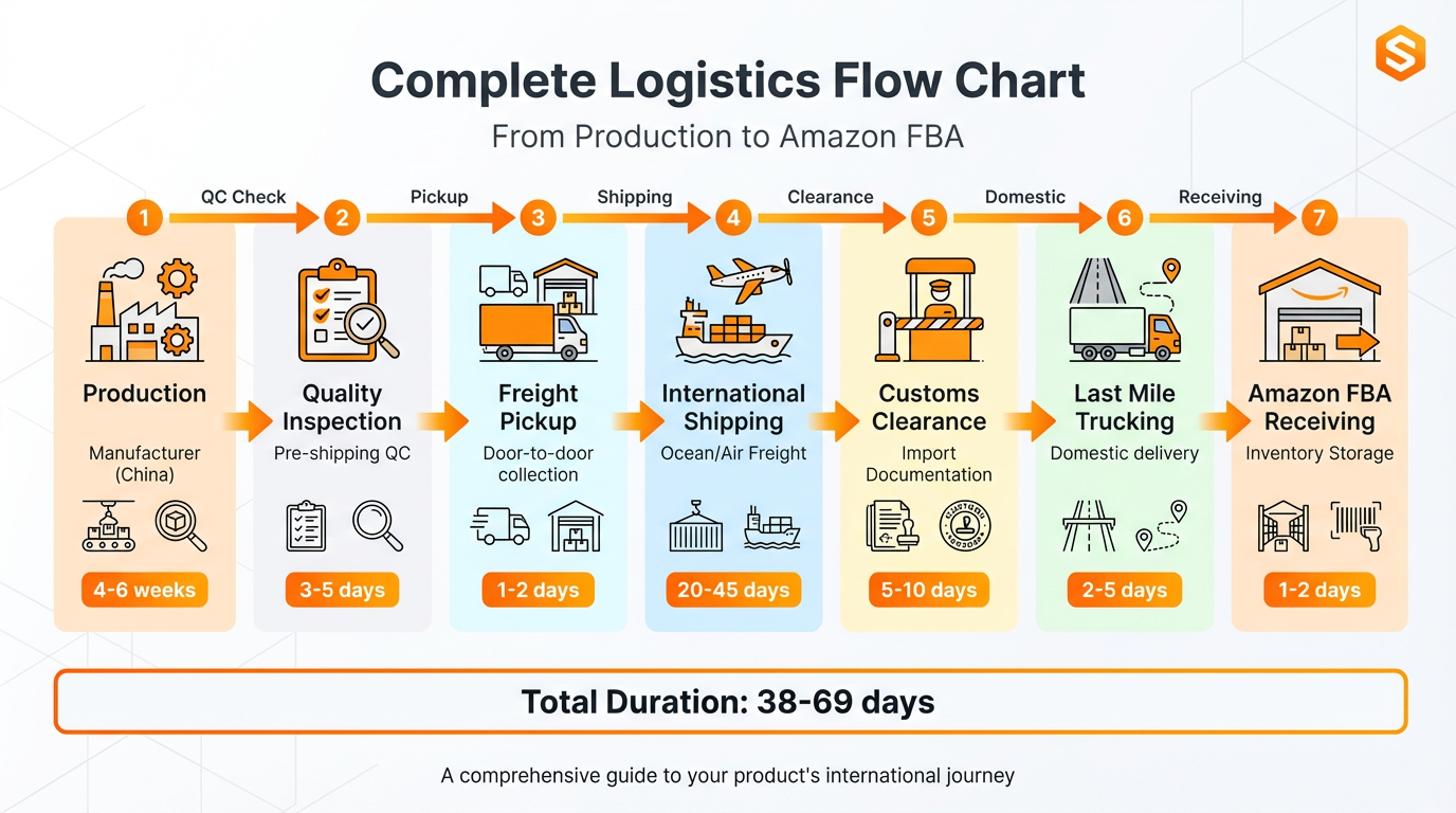 Flow chart showing production, inspection, freight pickup, international shipping, customs clearance, last mile trucking, and Amazon FBA receiving