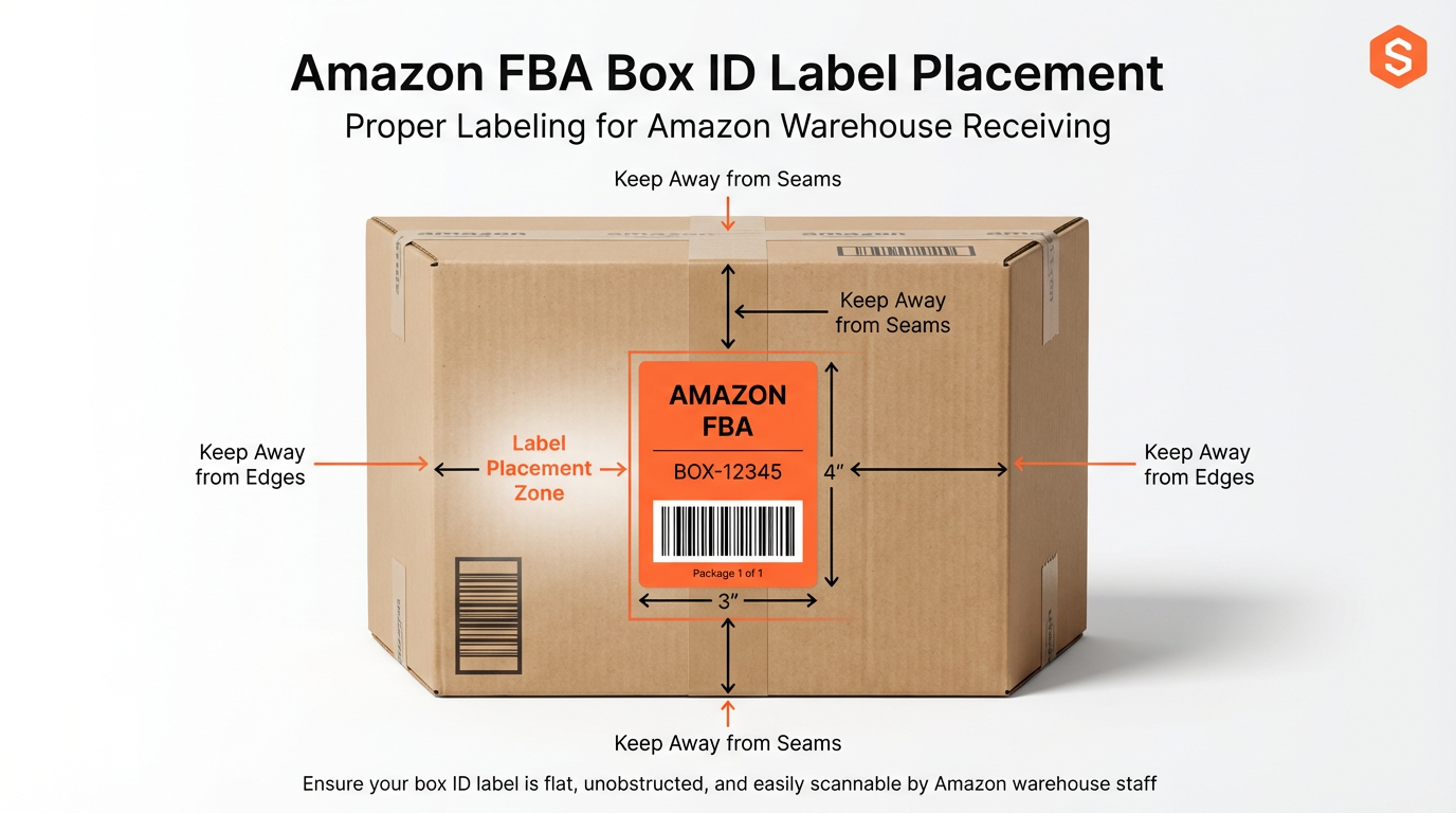 Example of an Amazon FBA carton with a box ID label placed flat and unobstructed, away from edges and seams