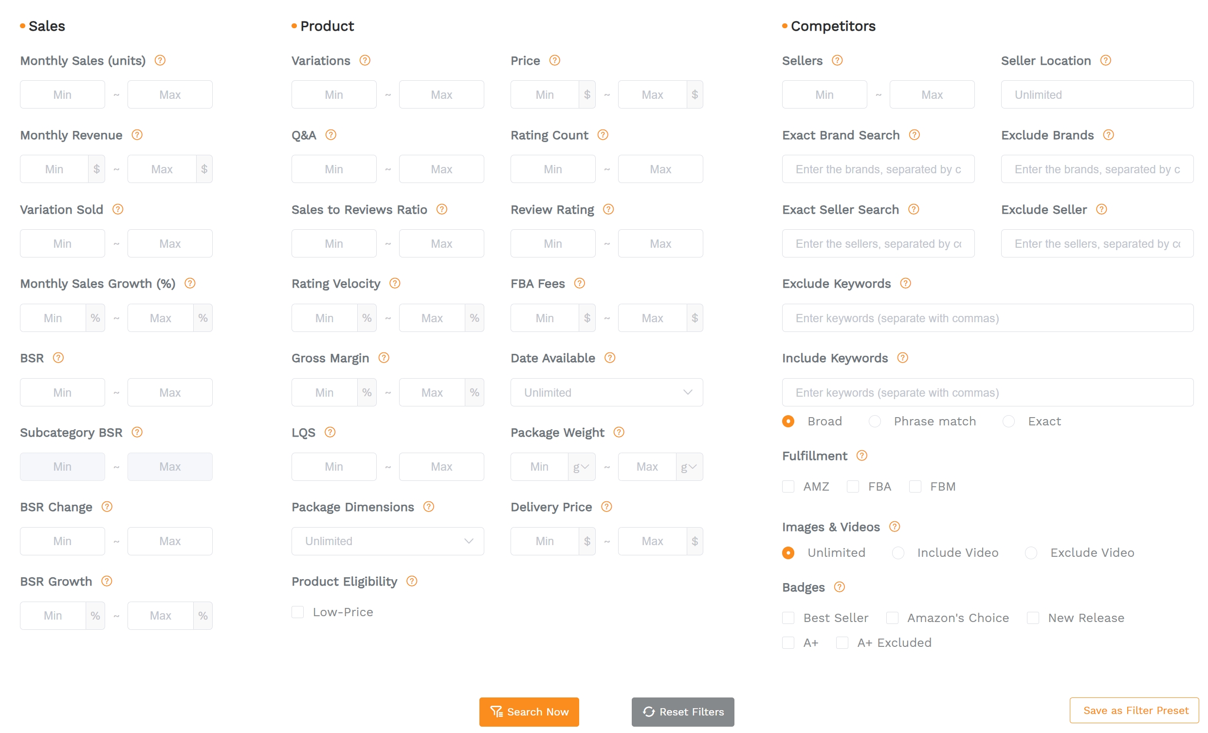 A screenshot of SellerSprite's Product Research feature filters