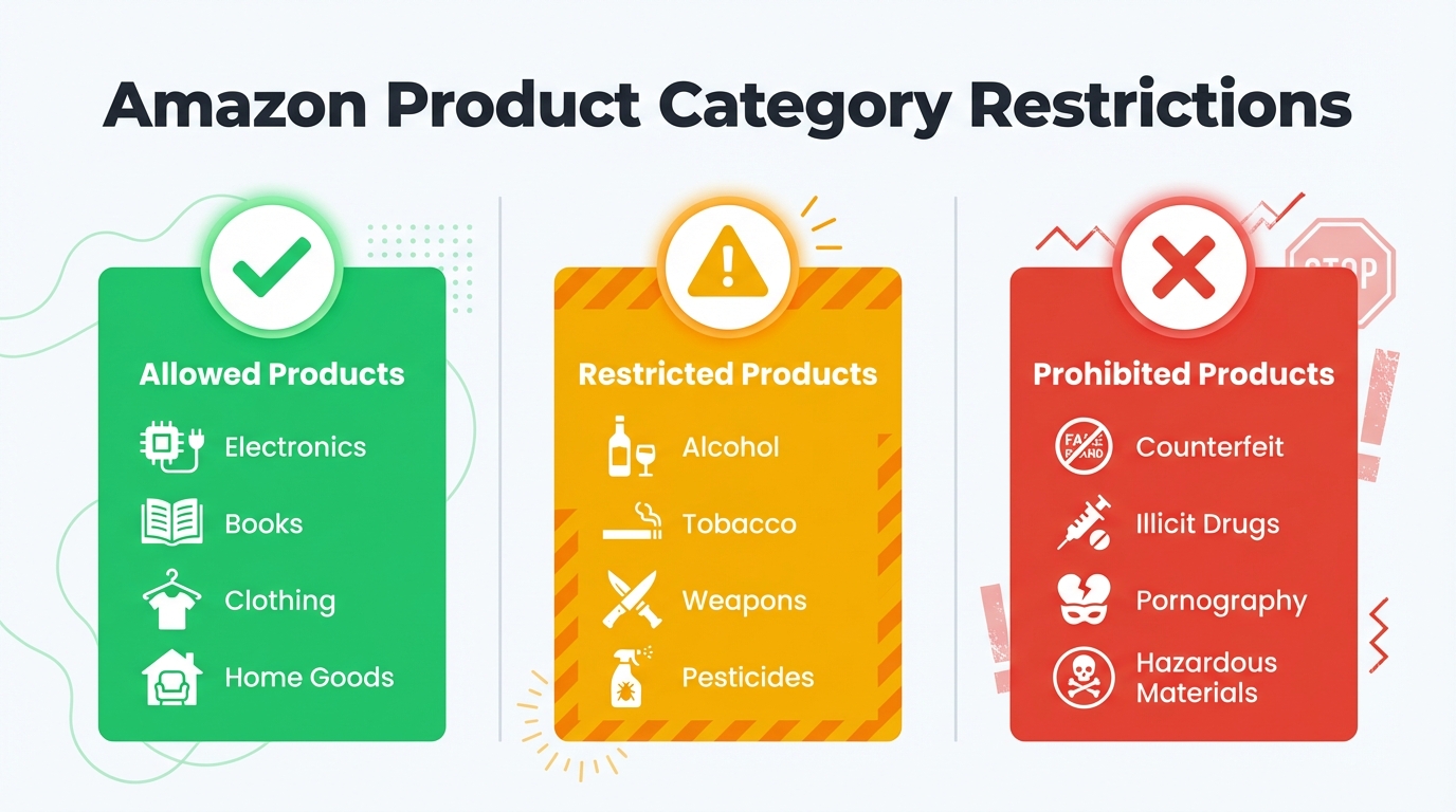 Verify Amazon product restrictions: illustration showing allowed, restricted, and prohibited product categories