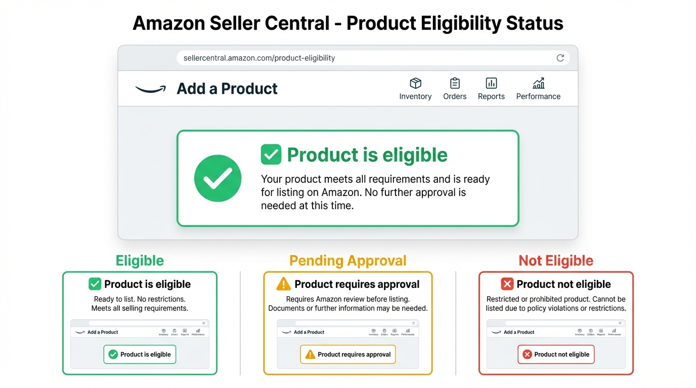 Check Amazon gating status: screenshot style mockup of Seller Central Add a Product eligibility message