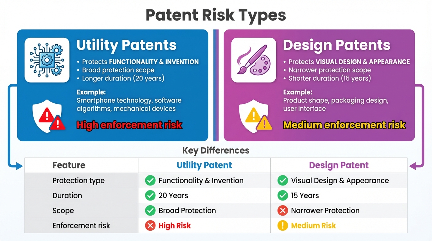 Understand patent risk types: diagram comparing utility patents and design patents with examples and enforcement risk