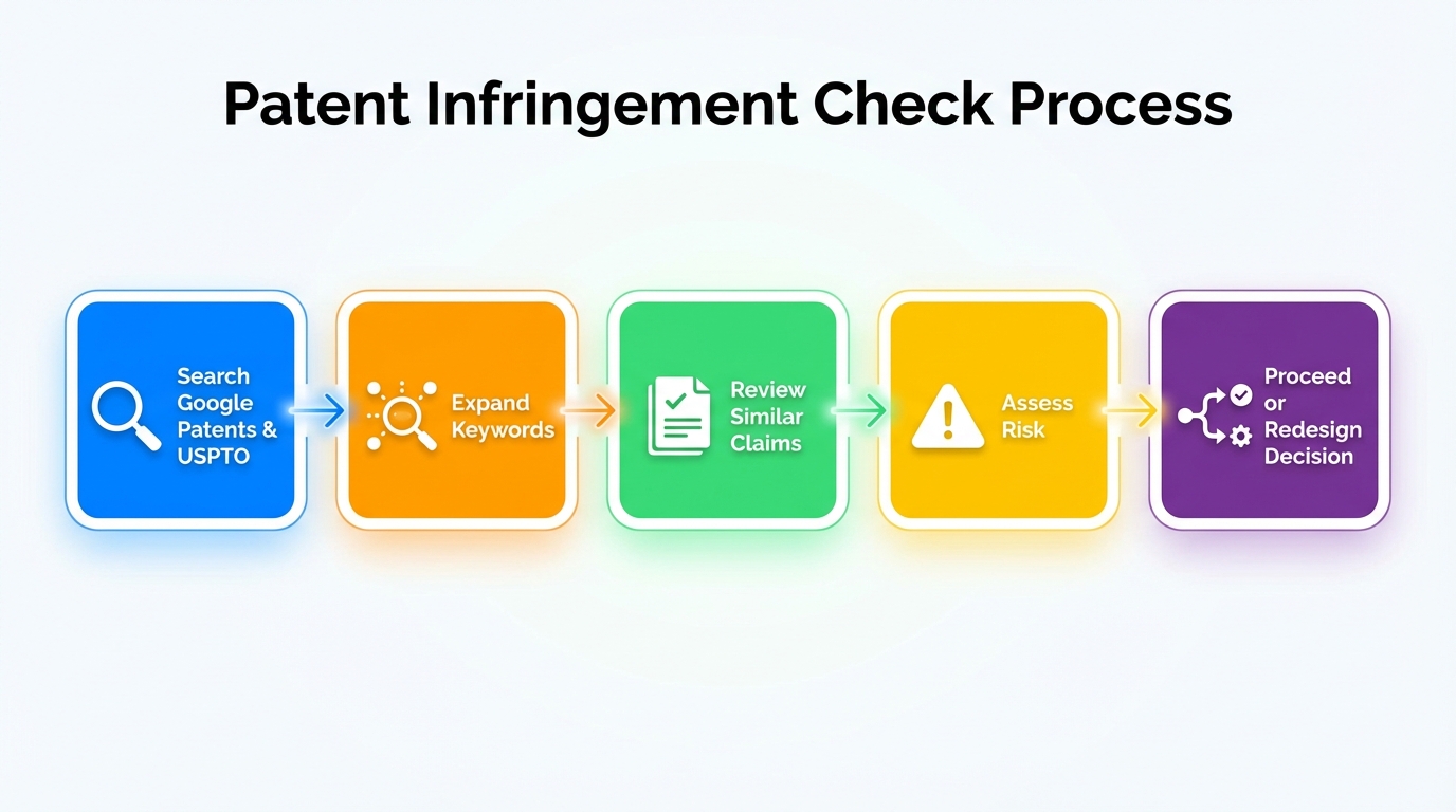 Patent infringement check flowchart: search Google Patents and USPTO, expand keywords, review similar claims, assess risk, then proceed or redesign decision