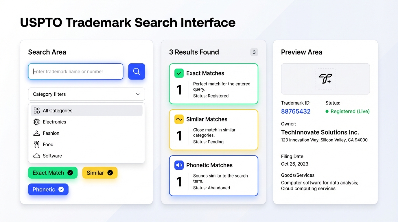 Trademark search interface mockup: USPTO database search field, category filters, and results showing exact, similar, and phonetic matches