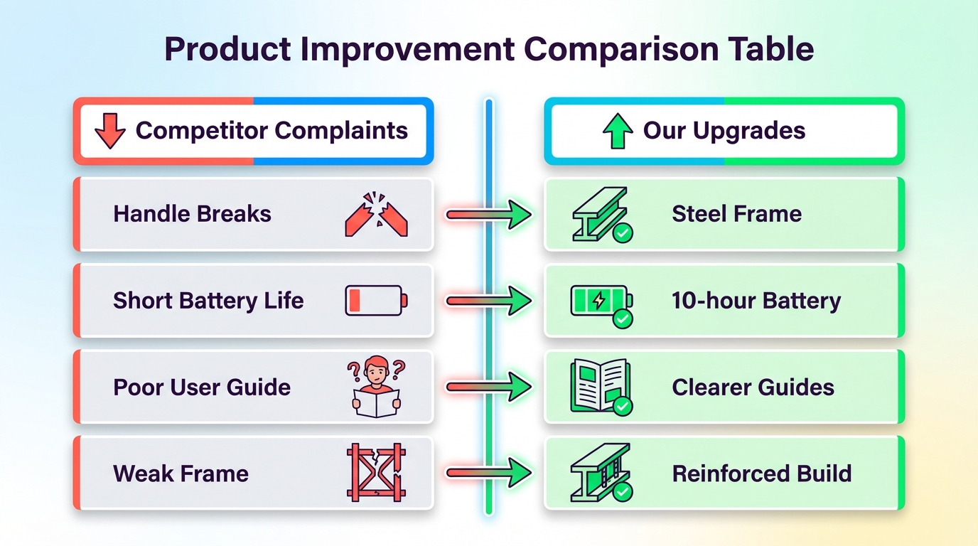 Comparison table for product improvement: competitor complaints like handle breaks and short battery life mapped to upgrades like steel frame and 10 hour battery plus clearer guides