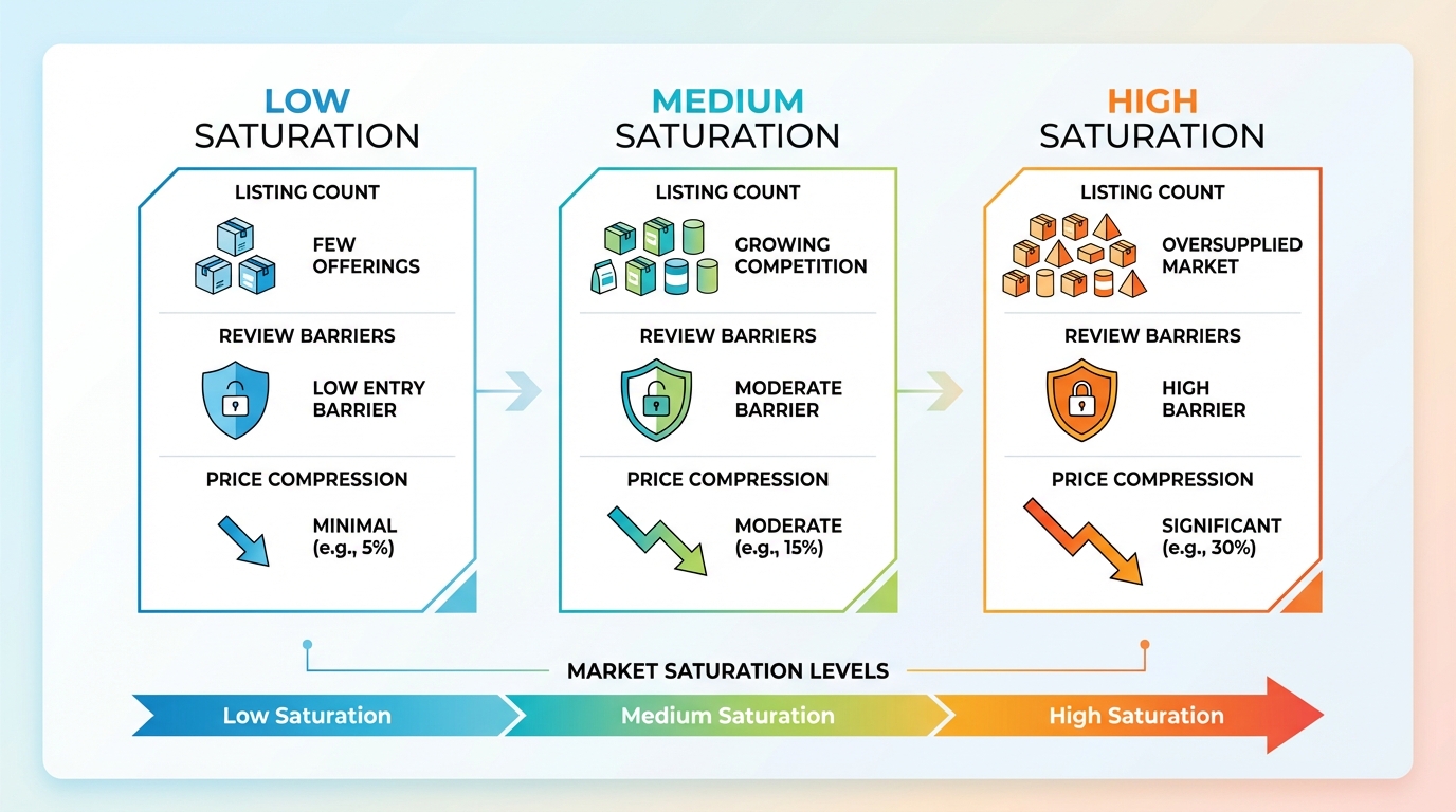 Infographic showing market saturation levels from low to high based on listing count, review barriers, and price compression