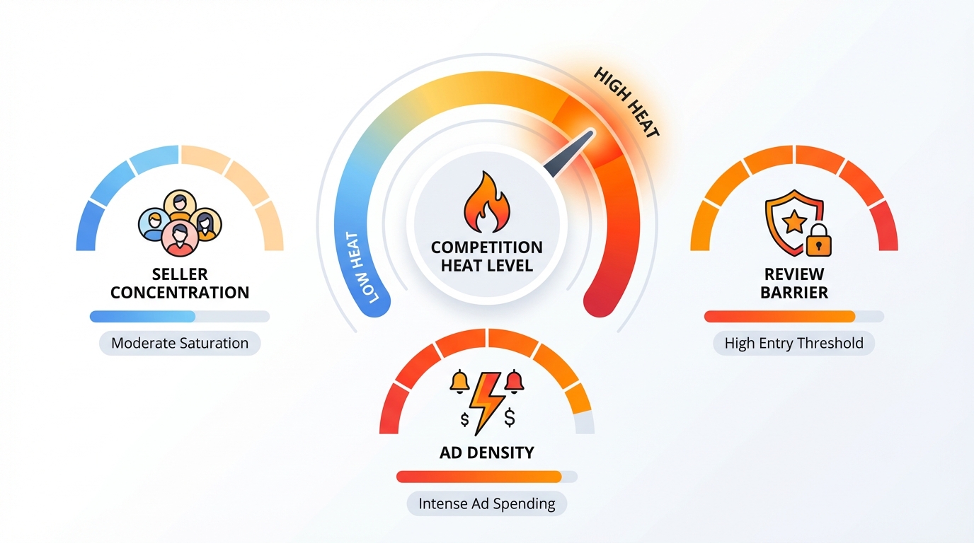 Gauge style indicator showing competition heat from low to high based on seller concentration, review barrier, and ad density