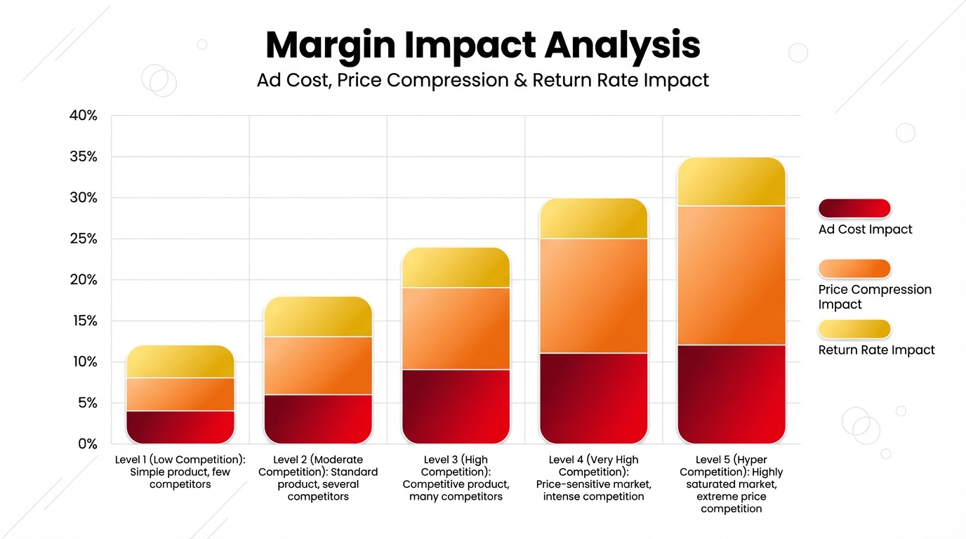 Bar chart showing margin impact from ad cost, price compression, and return rate across different competition levels